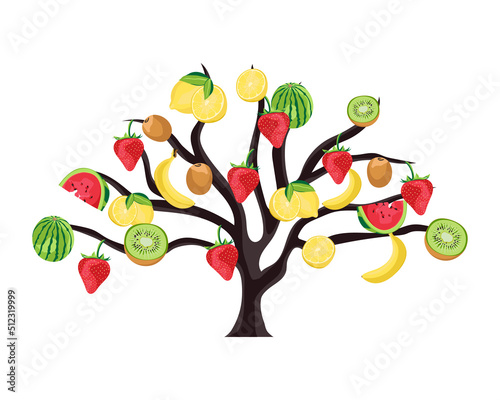 Tree with fruits. Mix of fruits on the tree. Watermelon, lemon, strawberry, kiwi and banana. Isolated on white background.