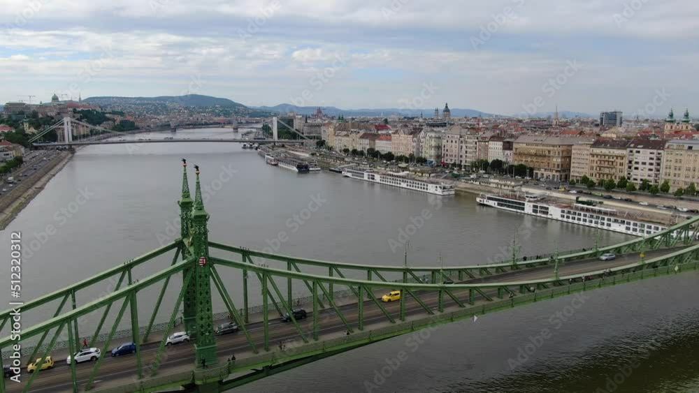 Drone over Liberty bridge on Danube river in Budapest, Hungary Drone over Liberty bridge on Danube river in Budapest, Hungary