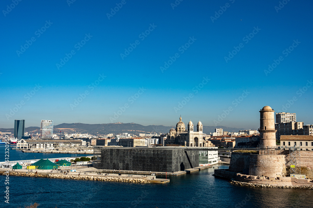 France. France. Bouche-du-Rhone (13) Marseille. The Mucem. Museum of European and Mediterranean Civilizations the Fort Saint Jean and in the background, La Major Cathedral