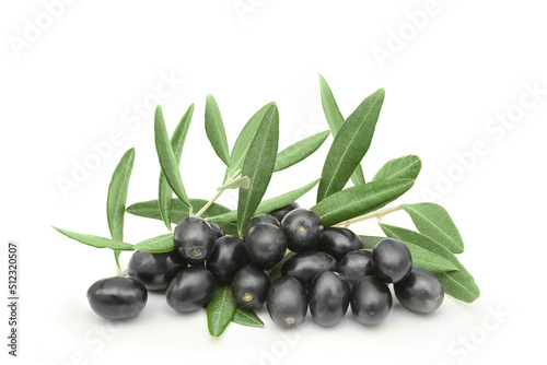 ripe black olives with leaves isolated on a white background