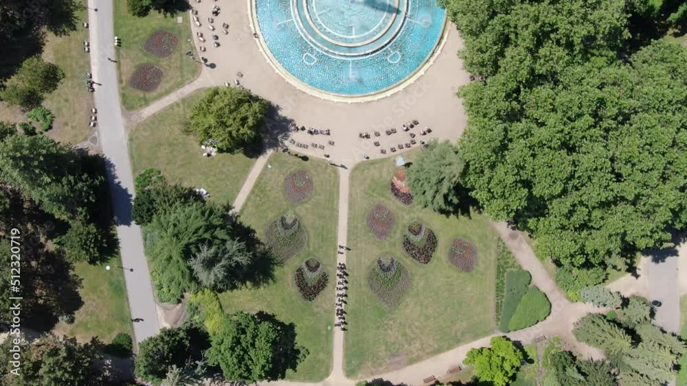 Drone shot of a musical fountain on Margaret island in Budapest, Hungary Drone shot of a musical fountain on Margaret island in Budapest, Hungary