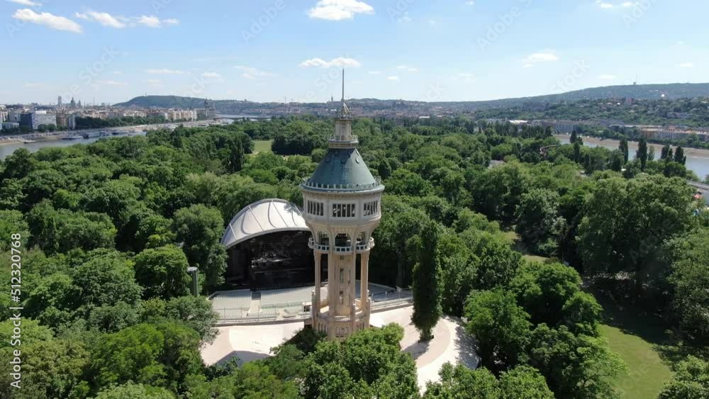 Aerial view of water tower on Margaret island (Margitsziget), Budapest, Hungary Aerial view of water tower on Margaret island (Margitsziget), Budapest, Hungary