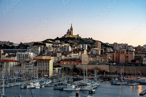 France. Bouche-du-Rhone (13) Marseille. The old port of Marseille in the background the Basilica of Notre Dame de la Garde