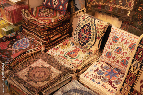 Beautiful traditional turkish pillows textile in Istanbul, Grand Bazaar.Souvenirs from Turkey concept