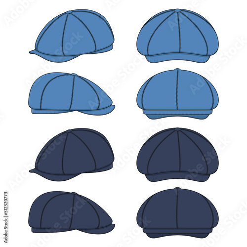 Set of color illustrations with peaked cap, forage cap, kepi. Isolated vector objects on white background.