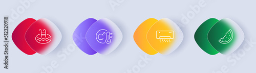 Warm set icon. Swimming pool, water, water drop, thermometer, temperature, Celsius, air conditioning, watermelon, relax. Glassmorphism style. Vector line icon for Business and Advertising
