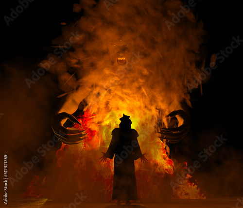 A man in a black robe standing before fire from which a giant demonic figure or Djinn is emerging photo