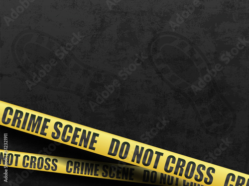 Yellow police cordon tape on a dark background with a footprint