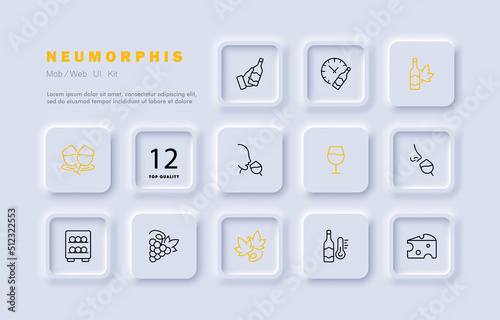 Drugs for medical purposes set icon. Cannabis, hemp, marijuana, tobacco, alcohol, relaxation, injection, cheese. Health care concept. Neomorphism style. Vector line icon for Business and Advertising