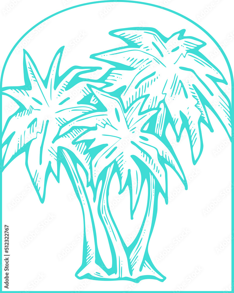 Fototapeta premium Palm tree with green leaves. Exotic tropical jungle hot summer holiday, Travel outdoor to south in nature forest to spa relax. Hand drawn retro vintage vector illustration. Old style cartoon drawing.