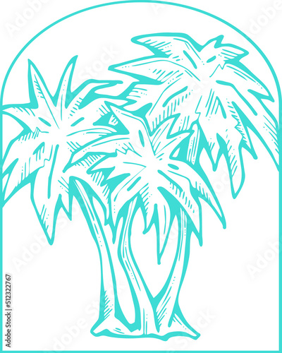 Palm tree with green leaves. Exotic tropical jungle hot summer holiday  Travel outdoor to south in nature forest to spa relax. Hand drawn retro vintage vector illustration. Old style cartoon drawing.
