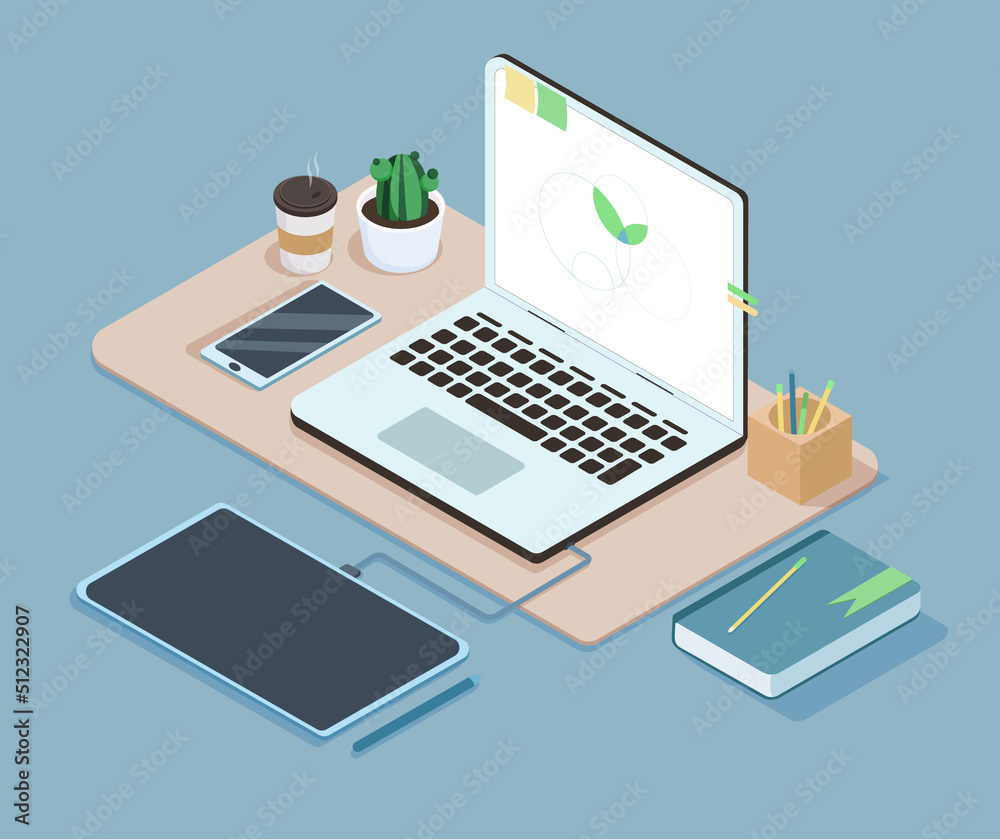 Flat isometric design of working desk with laptop and graphic tablet Flat isometric design of working desk with laptop and graphic tablet