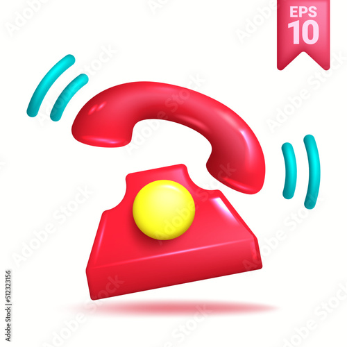 3d realistic retro ringing telephone. Red alerting telephone in minimal style. 3d Vector Element.