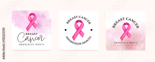 Breast cancer awareness ribbon logo with watercolor stain brush background pink color.