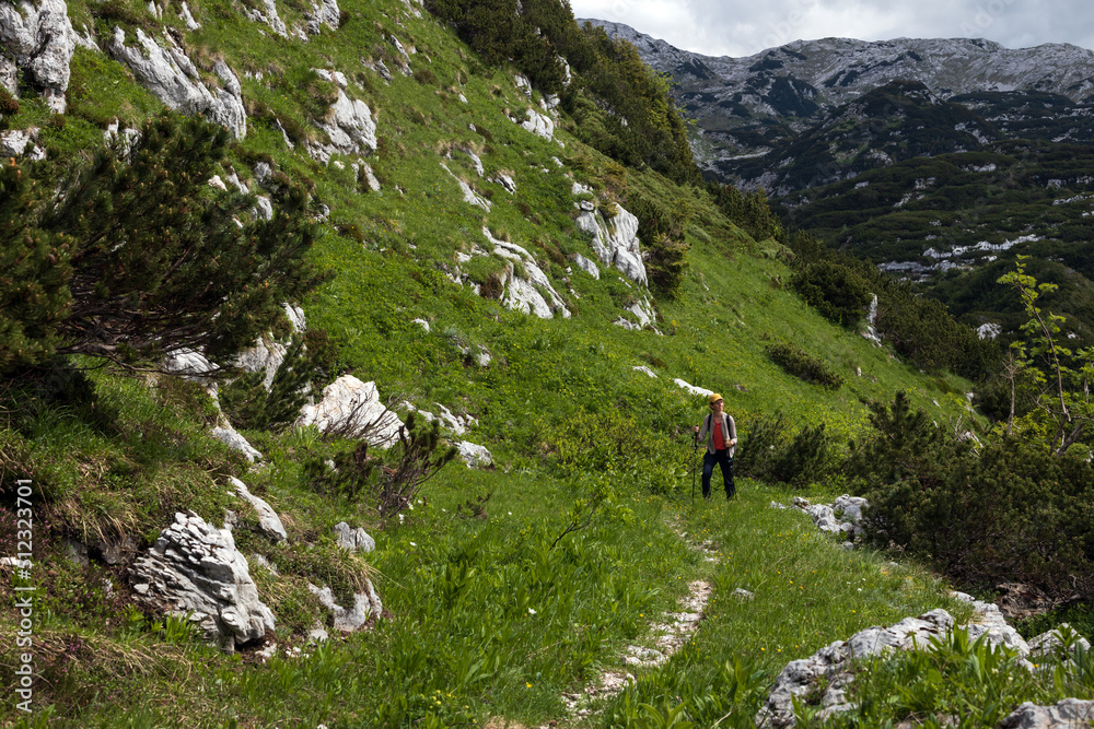 Female Adult Hiker Solo Ascent on Alpine Trail Footpath of World War One in Slovene Julian Alps