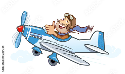 Cartoon illustration of a aviator on a plane. Vintage airplane and aviator. Vector illustration.