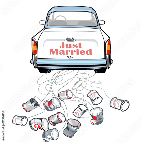 Just married. Vector illustration of a wedding car with empty cans, drawing on the back side.