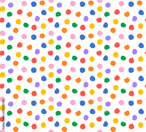 Colorful confetti polka dot seamless vector pattern. Blue, orange, yellow, pink, purple, green, red dots with textured edges isolated on white background. Festive vintage scattered textile pattern