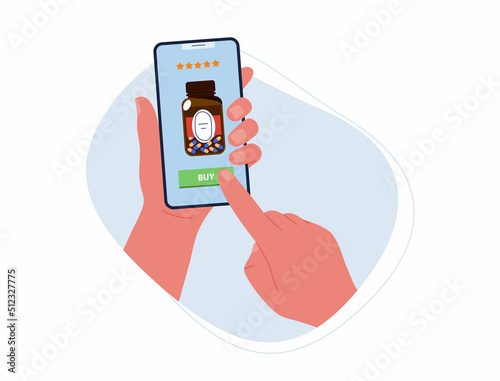 Buying medications with mobile app.Hand holding phone,finger pressing buy button