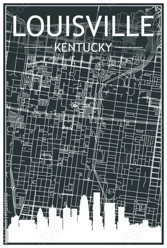 Dark printout city poster with panoramic skyline and hand-drawn streets network on dark gray background of the downtown LOUISVILLE, KENTUCKY