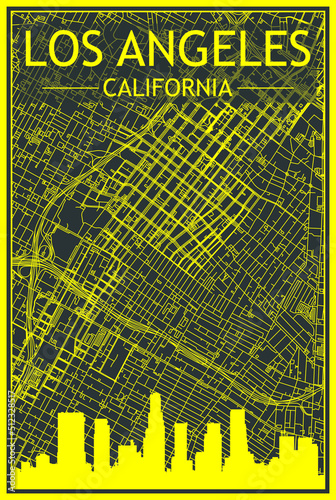 Yellow printout city poster with panoramic skyline and hand-drawn streets network on dark gray background of the downtown LOS ANGELES, CALIFORNIA
