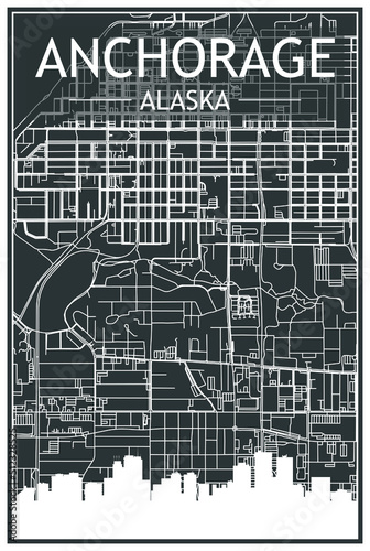 Dark printout city poster with panoramic skyline and hand-drawn streets network on dark gray background of the downtown ANCHORAGE, ALASKA