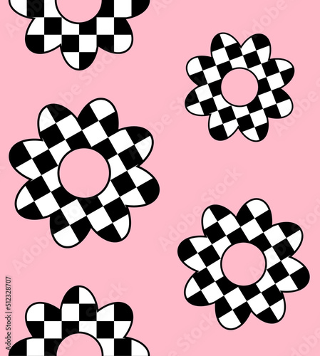 Vector seamless pattern of flat flower with checkered chessboard texture isolated on pink background