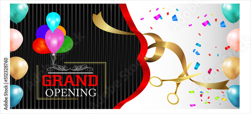 Grand Opening Cut ribbon  background Banner Design Illustrations Shape, Business Promotion Ad Poster, Ceremony party event invitation, Coming soon Poster, red ribbon with balloon and colorful confetti