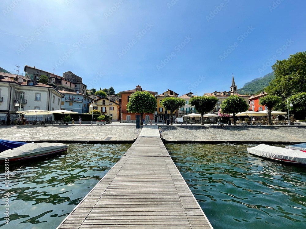 Panoramic view of idyllic lakeside town Mergozzo, Upper Italian lakes, Piedmont, Italy.