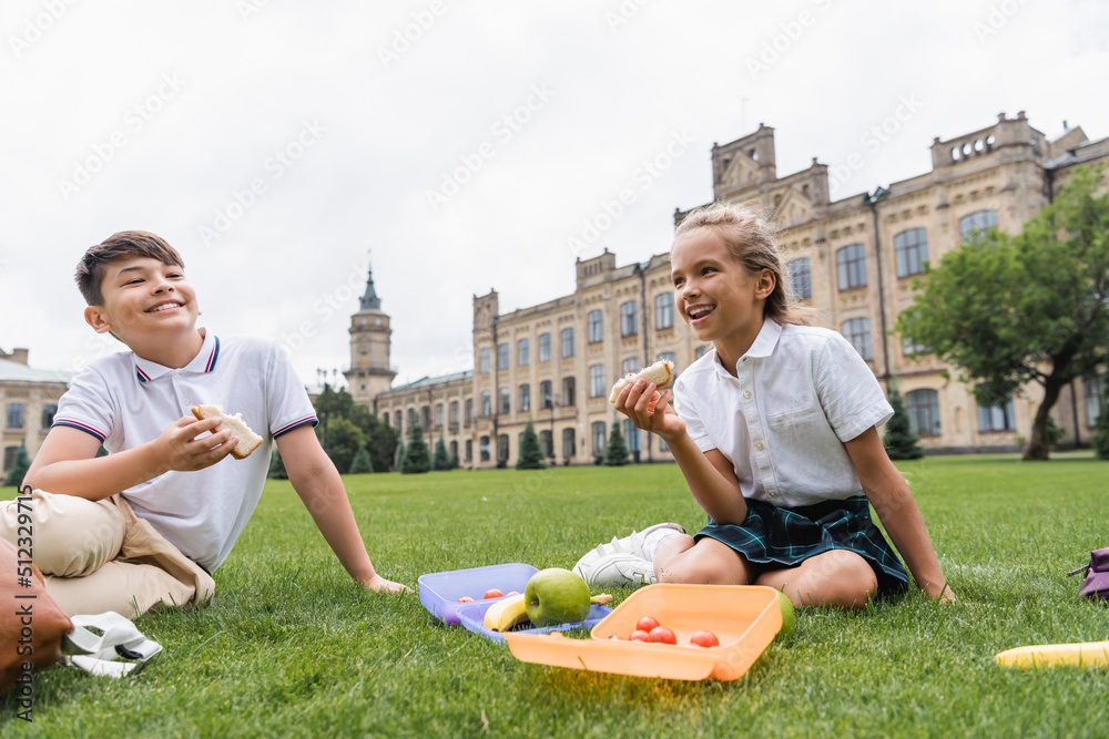 Fototapeta premium Positive multiethnic kids holding sandwiches near lunchboxes on lawn.