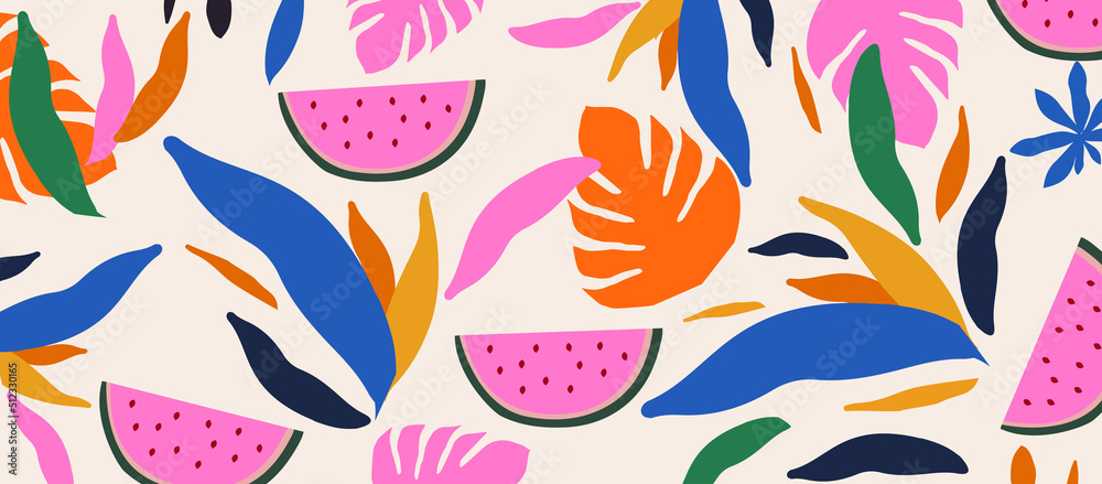 Colorful organic shapes seamless pattern. Cute botanical shapes, random cutouts of tropical leaves and watermelons, decorative abstract art vector illustration	