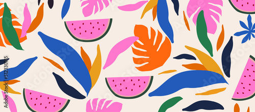 Colorful organic shapes seamless pattern. Cute botanical shapes, random cutouts of tropical leaves and watermelons, decorative abstract art vector illustration 