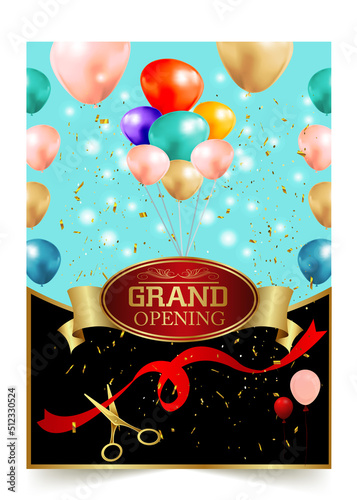 Grand Opening Cut ribbon  background Banner Design Illustrations Shape, Business Promotion Ad Poster, Ceremony party event invitation, Coming soon Poster, red ribbon with balloon and colorful confetti