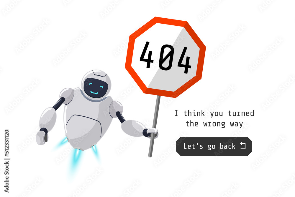 Website page not found. Wrong URL address error 404. Smiling robot character holding red road sign. Site crash on technical work. Web design template with chatbot mascot. Online bot assistance failure