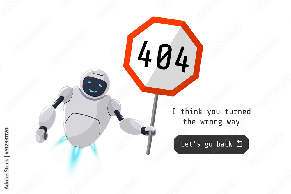 Website page not found. Wrong URL address error 404. Smiling robot character holding red road sign. Site crash on technical work. Web design template with chatbot mascot. Online bot assistance failure Website page not found. Wrong URL address error 404. Smiling robot character holding red road sign. Site crash on technical work. Web design template with chatbot mascot. Online bot assistance failure