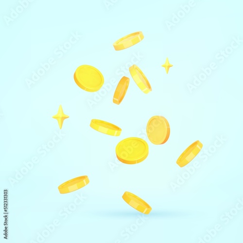 3d coins flying on blue background. Money and financial success, growth concept. Vector rector cartoon illustration