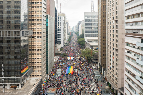 Photography São Paulo, SP, Brazil, JUN 19, 2022: Aerial drone footage on Paulista avenue of