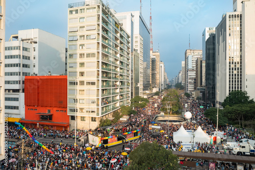 São Paulo, SP, Brazil, JUN 19, 2022: Aerial drone footage on Paulista avenue of the Gay Pride Parade, flag at the LGBTQIA+ Pride party, 26th gay parade photo