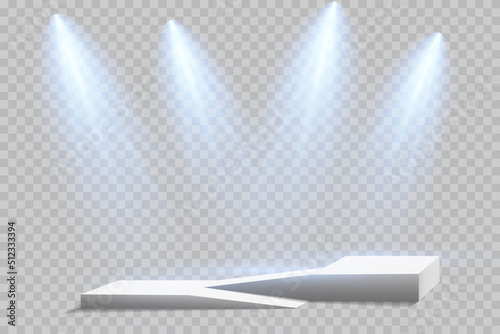 The ramp of the podium, pedestal or platform is illuminated by spotlights on a gray background. Scene with picturesque lights. Vector illustration.