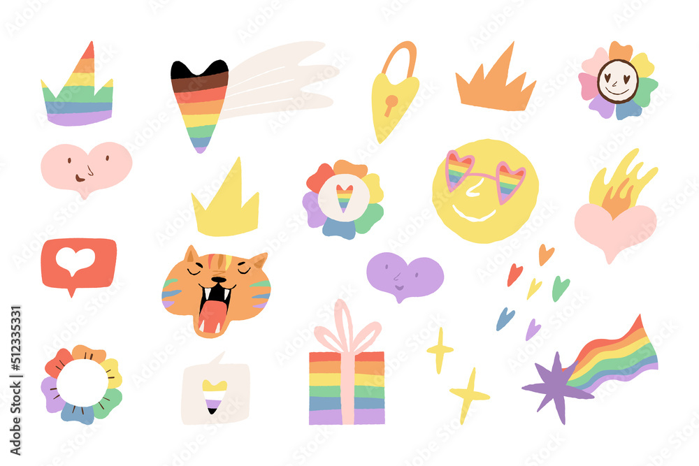 Pride Month stickers. LGBTQ, nonbinary community flags colors hearts, rainbow tiger, gift, flowers, crowns Pride Month stickers. LGBTQ, nonbinary community flags colors hearts, rainbow tiger, gift, flowers, crowns