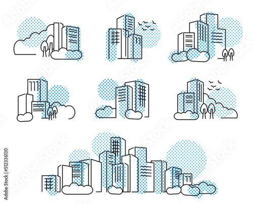 フラットな線画イメージ都市の景観イラストドットパターン