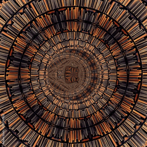 pattern and creative design in metallic gold bronze orange and shades of brown inspired shelves of antique books circular style