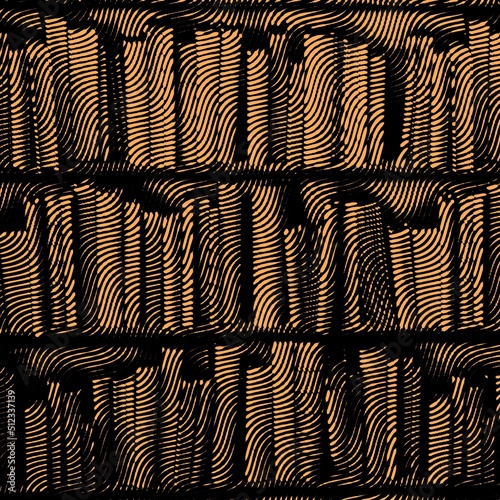 pattern and creative design in metallic gold bronze orange and shades of brown inspired shelves of antique books in halftone style