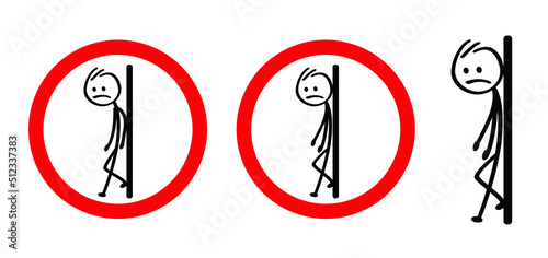 Cartoon stickman, stick figure man symbol or signboard. Do not lean on door, wall, glass, gate or railing  Please do not lean, accident prevention. Don’t sit here on stairs.. Flat vector. Safety sign.