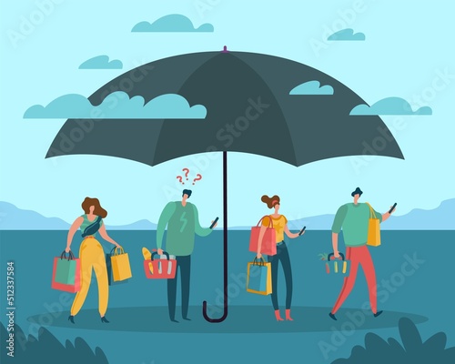 Consumer protection. Quality assurance and product insurance, online support service, safety of purchase, men and women with shopping bags under umbrella. Vector cartoon flat concept