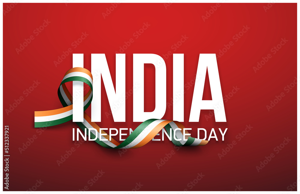 illustration festive banner of happy independence day with India national flag isolated on red background. greeting Card 15 august ribbon flag Happy independence day. Flat design style with shadow - obrazy, fototapety, plakaty 