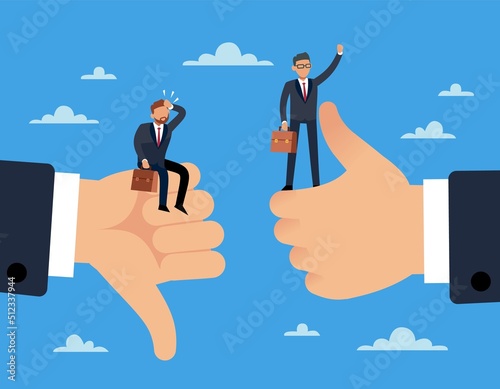 Good luck and bad luck. Praise and blame, thumb up and down sign, happy successful and sad businessman, business and career development, goal achievement, vector cartoon flat concept