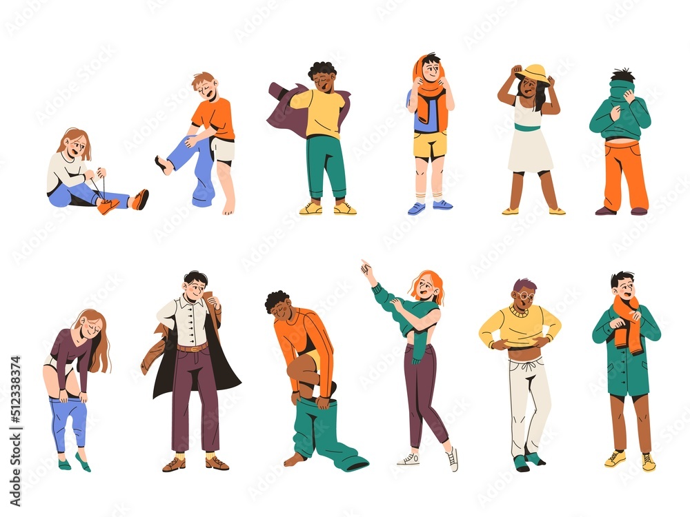Kids and adults dressing clothes. Funny children putting pants and shirts, male and female characters, people changing wear, home or fitting room, bright modern suits tidy vector set Kids and adults dressing clothes. Funny children putting pants and shirts, male and female characters, people changing wear, home or fitting room, bright modern suits tidy vector set