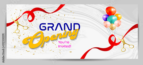 Grand Opening Cut ribbon  background Banner Design Illustrations Shape, Business Promotion Ad Poster, Ceremony party event invitation, Coming soon Poster, red ribbon with balloon and colorful confetti