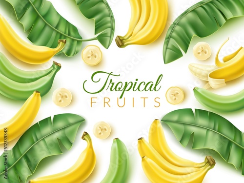 Realistic banana frame. Tropical fruit poster with pieces and green palm leaves, bunches and whole fruits, sweet natural food background with copy space, 3d yellow elements vector concept